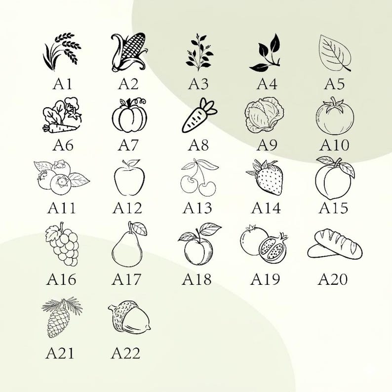 May include: A grid of twenty-two black line art icons depicting various plants, fruits, vegetables, and food items, each labeled with an alphanumeric code from A1 to A22, including wheat, corn, carrots, berries, apples, and bread on a light background.