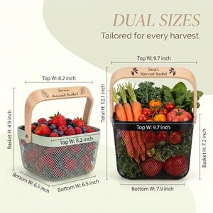 May include: Two metal mesh baskets with wooden handles labeled Sara's Harvest Basket. The smaller light green basket is 8.2 inches wide at the top, 6.5 inches at the bottom, and 4.9 inches high. The larger black basket is 9.7 inches wide and 7.2 inches high.
