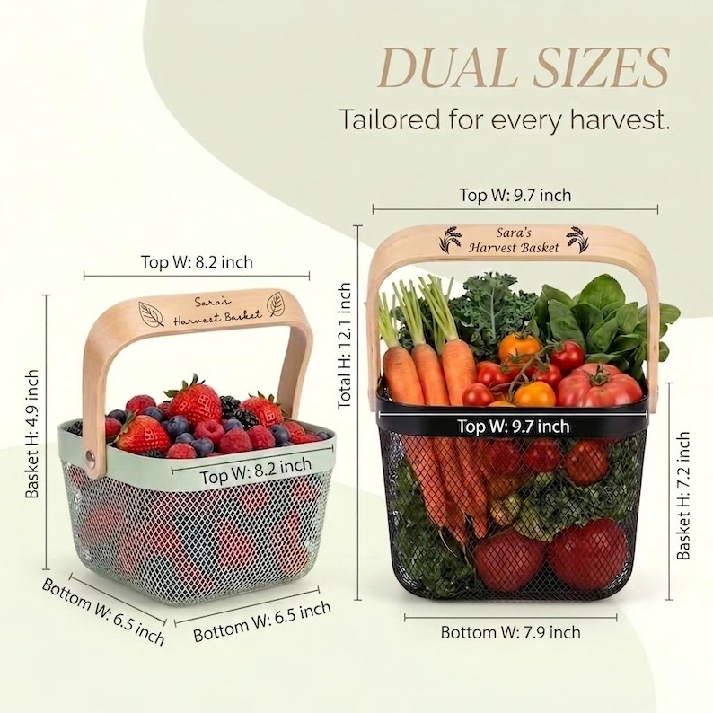 May include: Two metal mesh baskets with wooden handles labeled Sara's Harvest Basket. The smaller light green basket is 8.2 inches wide at the top, 6.5 inches at the bottom, and 4.9 inches high. The larger black basket is 9.7 inches wide and 7.2 inches high.