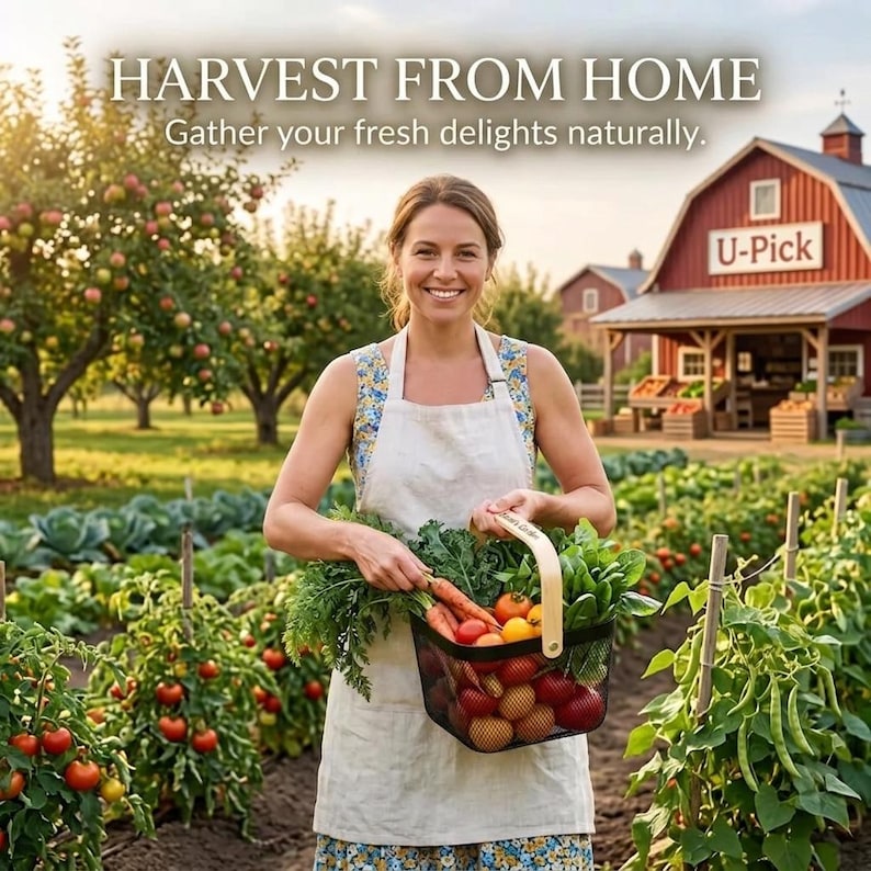 May include: A person wearing a white apron holds a black wire basket filled with fresh carrots, tomatoes, and leafy greens. The text HARVEST FROM HOME and Gather your fresh delights naturally. appears above a garden with a red barn in the background.