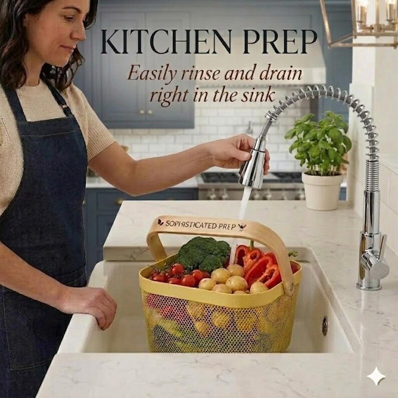 May include: A yellow mesh colander basket with a light wood handle featuring the text SOPHISTICATED PREP. The basket is filled with fresh produce including broccoli, red bell peppers, and potatoes, positioned under a chrome kitchen faucet.