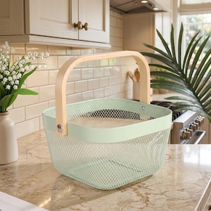 May include: A light mint green wire mesh basket with a rounded rectangular shape and a smooth, light-toned wooden handle attached with silver metal rivets on each side. The basket features a fine grid pattern and a solid rim in the same mint color.