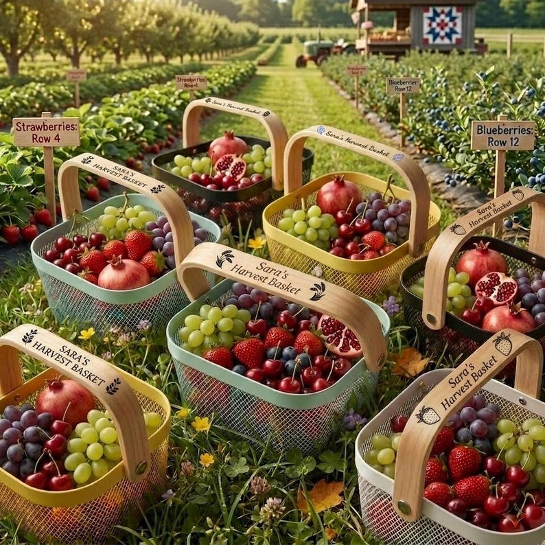 May include: Several metal mesh harvest baskets with light wood handles, each engraved with 'Sara's Harvest Basket' and a fruit icon. The baskets are filled with fresh produce including red strawberries, green grapes, and pomegranates.