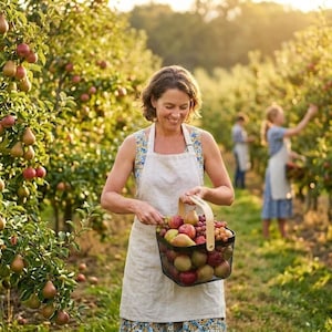 May include: A black wire basket with a light-colored wooden handle filled with a variety of fresh fruits including red apples, green pears, and purple grapes, held by a person wearing a light-colored apron in an orchard with many fruit trees.