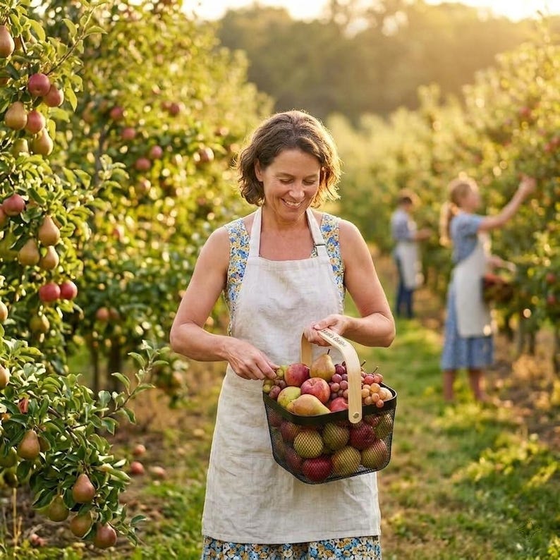 May include: A black wire basket with a light-colored wooden handle filled with a variety of fresh fruits including red apples, green pears, and purple grapes, held by a person wearing a light-colored apron in an orchard with many fruit trees.