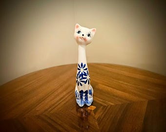 ヴィンテージの手描き陶器の長い首の猫 - イタリア製、ミッド