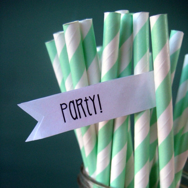 Mint Paper Straws - CLEARANCE Sale -Set of 25 Striped Drinking Straws - Vintage Wedding Anniversary Birthday