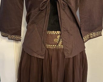 Willi Smith Brown Silk Midi Skirt Gold Sequins~Matching Linen Top Boho Size4 NEW