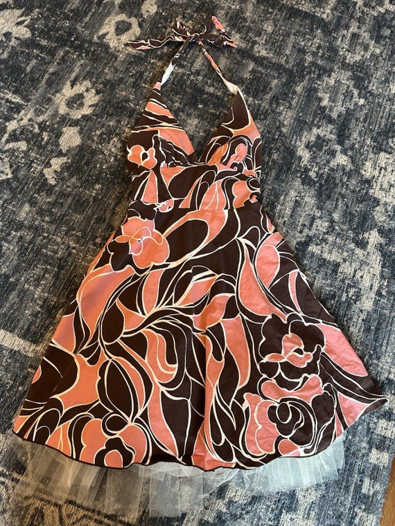 my michelle brown dress Y2K Halter Brown/Pink Floral Tulle Lining Full Skirt VNeck VTG Length:58[+$4.99] DRESS CASUAL SHORT Color somethingblue Top Wedding Dress Shops