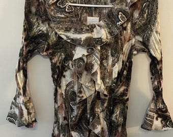 Blusa Y2K marrón con estampado paisley, volantes, botones, estilo hada, estilo caprichoso, mangas acampanadas medianas, NUEVA