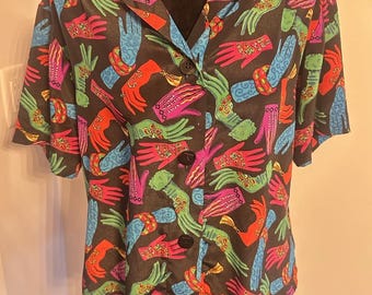 Vintage Damhandskar Med Grafiska Knappar, Flerfärgade Händer, Kortärmade, Storlek 10 EUC
