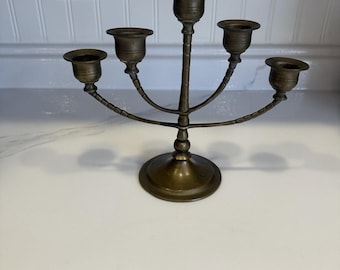 Vintage Brass Candelabra 5 Arm Heavy Taper Candle Holder Natural Patina 8.75x10”