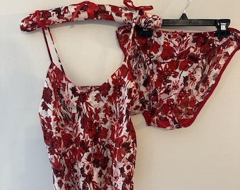 Vintage Siebdruck 100% Seide Camisole Set Größe Large Red Floral W / Kleiderbügel