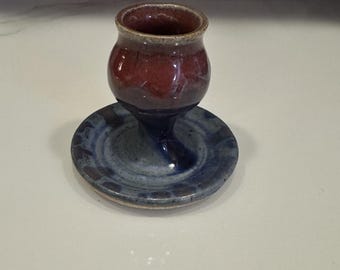 Handgjord keramikljusstake Blå Vinröd Brun Glaserad 7,5 cm Retro MCM Art