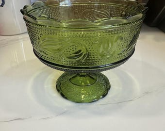 E.O. Brody Co. Green Glass Compote Candy Snack Dish Raised Bowl Vintage 50's USA