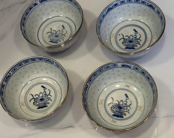 Vintage chinesische Reisschalen, asiatisches blau/weißes, durchscheinendes Porzellan, 4er-Set