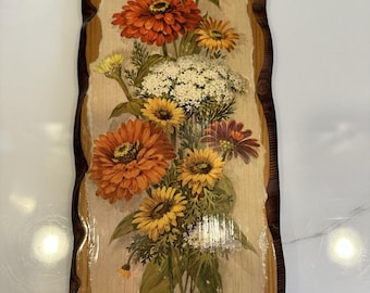 Vintage ROBERT LAESSIG A.N.A Wood Floral Lithograph Zinnia Daisy 14.5"X6" Boho