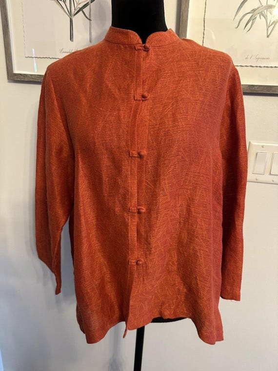 Eileen Fisher, Eileen Fisher Burnt Orange Silk Linen Floral Asian Imperial Shirt Jacket Large