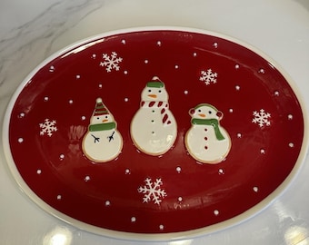 Bandeja ovalada vintage de Hallmark con diseño de muñeco de nieve y galleta de jengibre para Navidad.