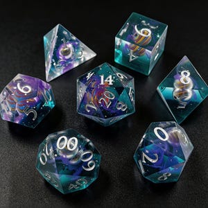 Cosmic Swirl Resin Dice Set, Sharp Edge DnD Dice with Orb Core