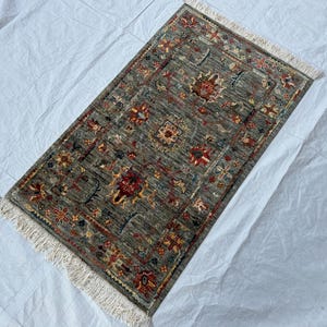 May include: A rectangular area rug featuring a muted sage green background with an intricate pattern of floral and geometric motifs in shades of deep red, gold, and navy blue. The rug is finished with off-white knotted fringe on both ends.