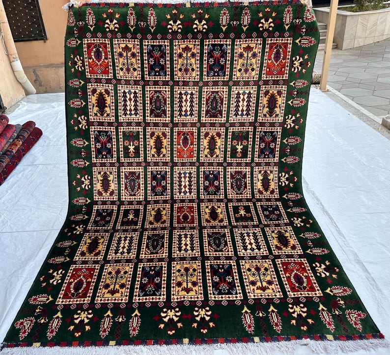 Green Bakhtiar Area Rug, Handwoven Afghan Wool Carpet (5x7) - Etsy