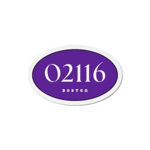 May include: An oval-shaped sticker with a purple center and a white border. The text "02116" is displayed in white, above the word "BOSTON" in white, indicating a postal code.