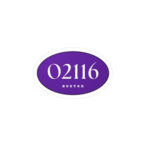 May include: A purple oval sticker with the white text "02116" above the word "BOSTON". The sticker has a white border and is set against a white background.