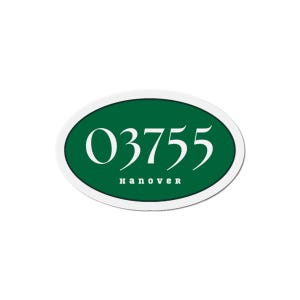 May include: An oval sticker with a white border and a green interior. The number "03755" is displayed in white, stylized font, above the word "hanover" in a smaller, sans-serif font.