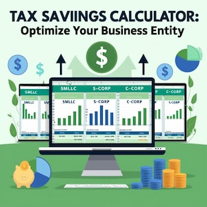 May include: A computer monitor shows a tax savings calculator comparing S-Corp, C-Corp, and SMLLC options with charts. The image includes dollar signs, a piggy bank, and stacks of coins, with the text "TAX SAVINGS CALCULATOR: Optimize Your Business Entity."