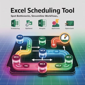 May include: An infographic titled "Excel Scheduling Tool" with icons and a colourful workflow diagram. The diagram includes cylinders labelled WC4 and WC1, a timer, and text indicating steps and bottlenecks. The text also includes "Spot Bottlenecks, Streamline Workflows."
