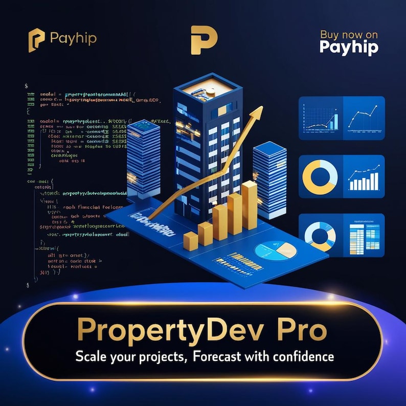 May include: A digital illustration promoting PropertyDev Pro, featuring a cityscape with rising gold bars and an upward-pointing arrow. The image includes charts, graphs, and the Payhip logo, with the text "Buy now on Payhip" and "Scale your projects, Forecast with confidence."