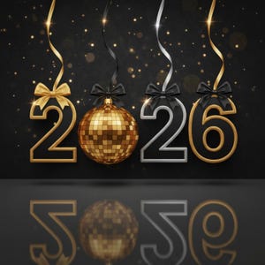 May include: A festive New Year's Eve design featuring the numbers "2026" in gold and silver, with a disco ball in the center. Each number is adorned with a black bow and ribbon, set against a dark background with sparkling bokeh.