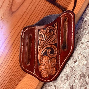 Tooled Leather Pancacke Knofe Sheath for Small Trapper Style Knife - Floral Design