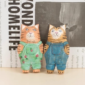 Handmade Wooden Cat Fridge Magnets: Vintage Carved Cats in Overalls