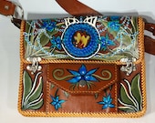 Blue Violet Dream Hand Painted Leather Purse With Blown Glass Inlay