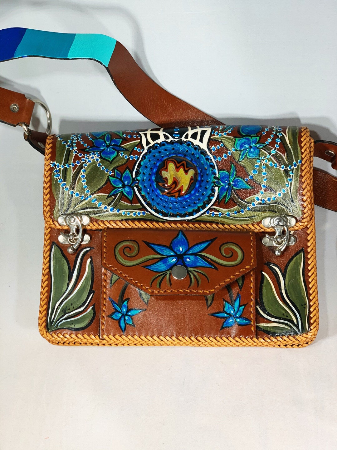 Blue Violet Dream Hand Painted Leather Purse With Blown Glass Inlay - Etsy