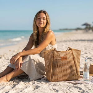 Personalized Sandproof Beach Tote Bag - Nylon Mesh Leather Patch Custom Name, Bridesmaid Beach Tote