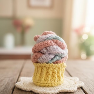 Könnte beinhalten: Ein handgehäkelter Cupcake mit gelber Basis und mehrfarbigem Oberteil in Rosa, Blau und Lavendel. Der Cupcake steht auf einer weißen, gewellten Spitze auf einem rustikalen Holztisch. Das Bastelobjekt ist ein dekoratives Stück.