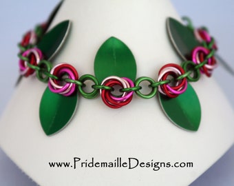 Red and Pink Flower Chain Bracelet - Anodized Aluminum Jewelry