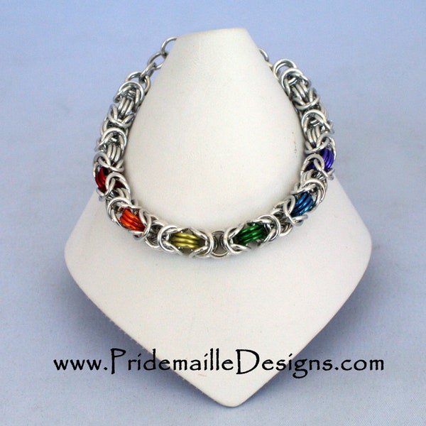 Rainbow Gay Pride Bracelet with Silver Base - Byzantine - Aluminum Chainmaille Jewelry