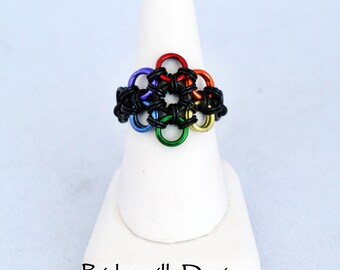 Rainbow Flower Stretch Ring - Rainbow Vers.4 - Aluminum Chainmaille Jewelry