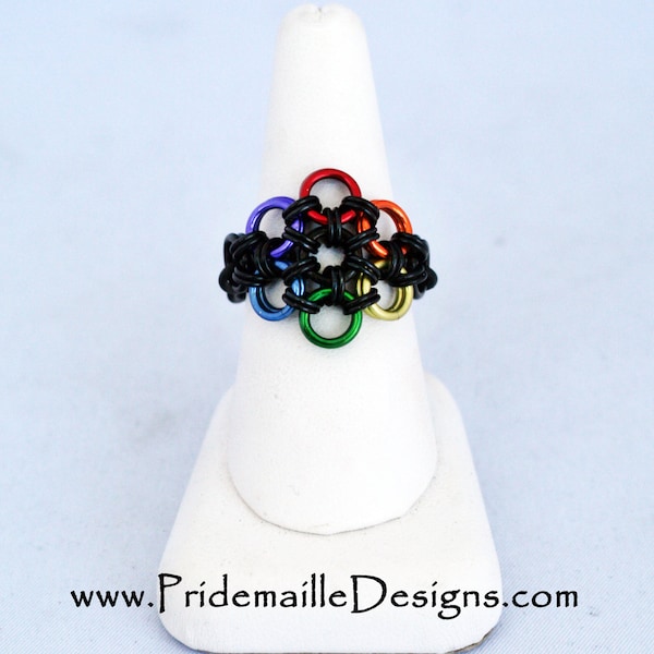 Rainbow Flower Stretch Ring - Rainbow Vers.4 - Aluminum Chainmaille Jewelry