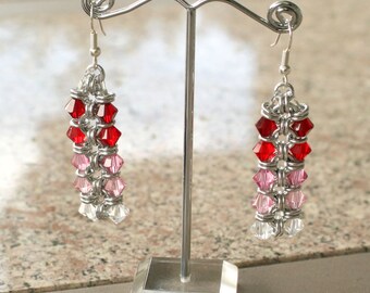 Red Pink Crystal Chain Earrings - Chainmaille Swarovski Crystal