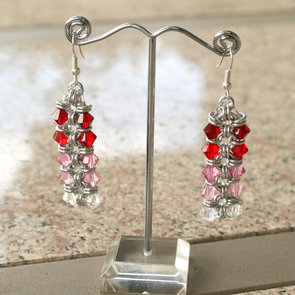Red Pink Crystal Chain Earrings - Chainmaille Swarovski Crystal