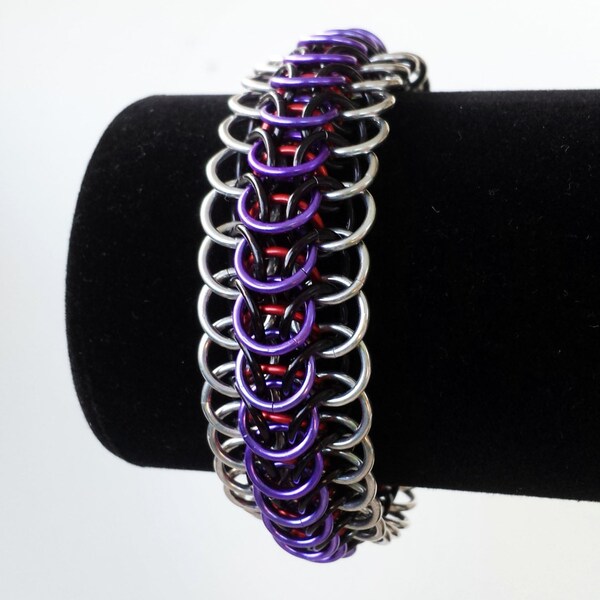 Red/Purple/Black/Silver Dragon's Back Bracelet (Reversible)  -  Aluminum Chainmaille Jewelry