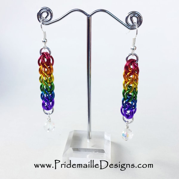 Rainbow Full Persian Earrings with Swarovski Crystal - Chainmaille Jewelry - Anodized Aluminum