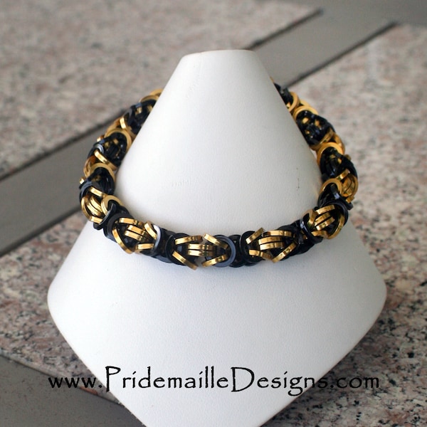 Square Wire Byzantine Bracelet - Black and Gold Rings