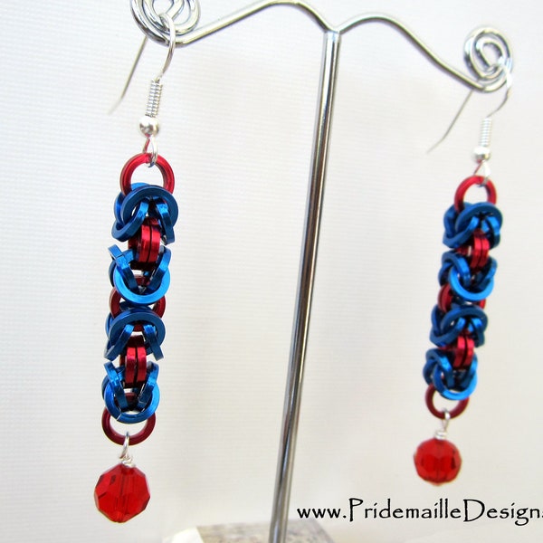 Square Wire Byzantine Earrings - Red and Blue - Anodized Aluminum Jewelry