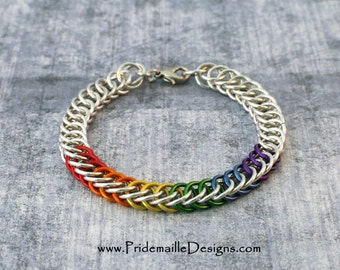 Rainbow Pride Bracelet with Silver Base color - Half Persian 4in1 - Aluminum Chainmaille Jewelry